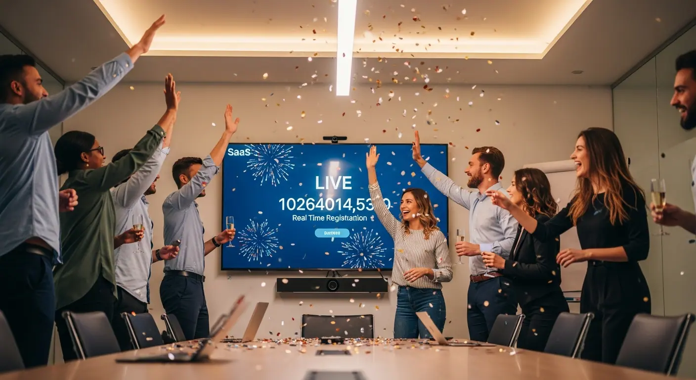 Équipe startup célébrant le lancement réussi d'une application SaaS