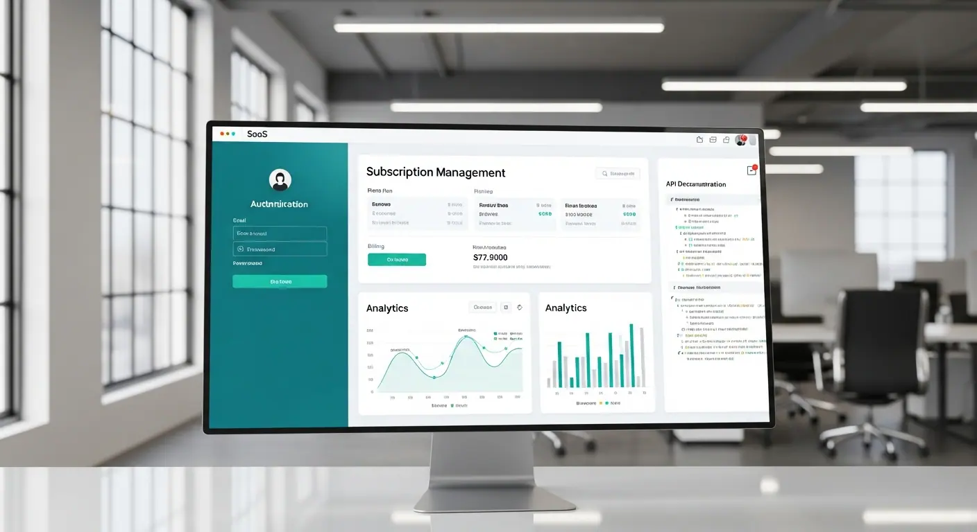 Interface complète d'une application SaaS avec gestion des utilisateurs, analytics et facturation
